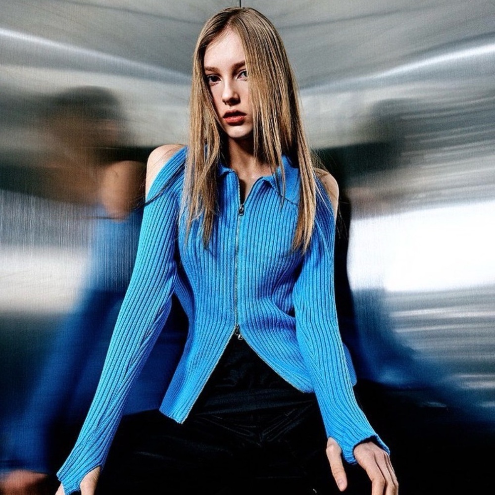 Yuse W Concept Blue Ribbed Zip-Up Top